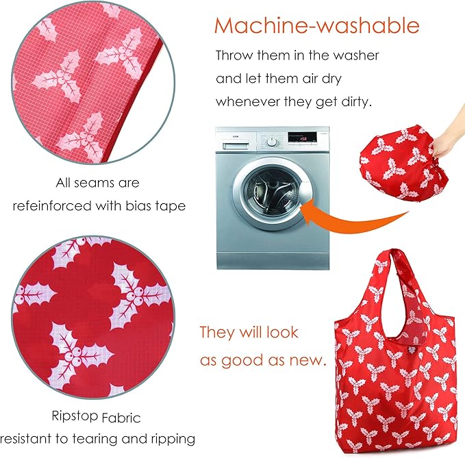BeeGreen Christmas Red Reusable Grocery Bags 12 Pack with Storage Pouch & Elastic Band Gift Bags Shopping Tote Bags Bulk Ripstop 50LBS Extra Large Foldable Machine Washable