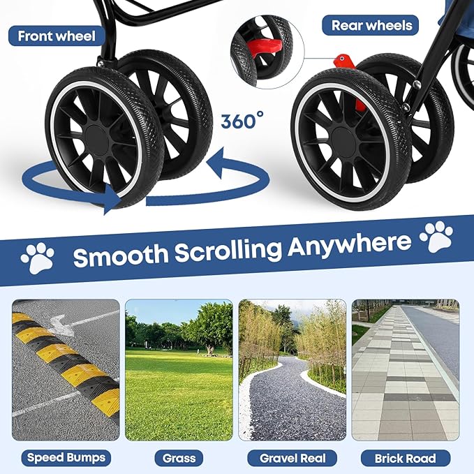 Double Pet Stroller for Dogs and Cats,Cat Strollers for 2 Cats,Double Dog Stroller for 2 Small Medium Dogs,4 Lockable Wheels/Lightweight/Folding,Navy Blue