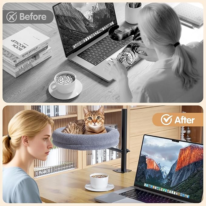 Cat Desk Bed Desktop Large Nest-Sturdy Dual Clamps Supports Up to 50 lbs,360° Adjustable Desktop Cat Perch with Soft Faux Fur Cover,Elevating Hammock for Home Office