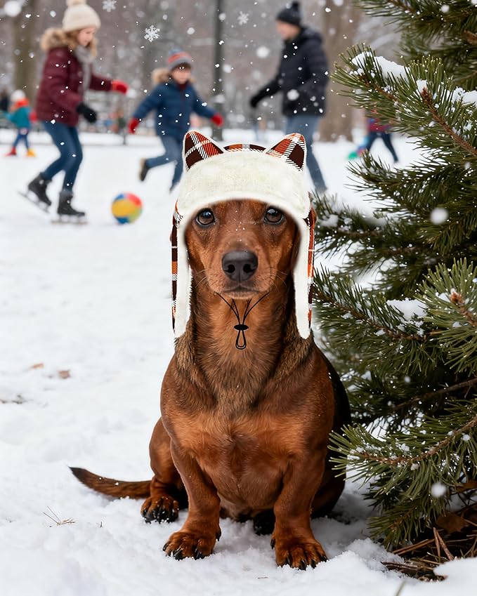 PET SHOW Dog Trapper Hat Winter Hat for Small Dogs Fall Thanksgiving Warm Fleece Aviator Hats with Ear Flaps Adjustable Outdoor Boy Puppy Pet Pilot Costume Cap S-Orange Plaid/Without Ear Holes