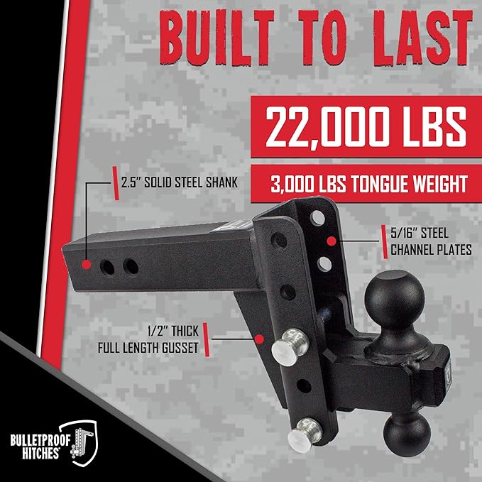 BulletProof Hitches - 2.5" Adjustable Heavy Duty Trailer Hitch (22,000 lb. Rating) - 4" Drop/Rise Trailer Hitch with 2" & 2-5/16" Dual Ball - Powder Coat, Solid Steel, Corrosion-Resistant