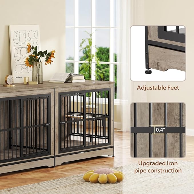 Rovibek 78 Double Dog Crate Furniture for 2 Large Dogs Indoor, Wooden Furniture Dog Crates with Dog Bowl, Dog Kennel Furniture TV Stand Large Breed Grey