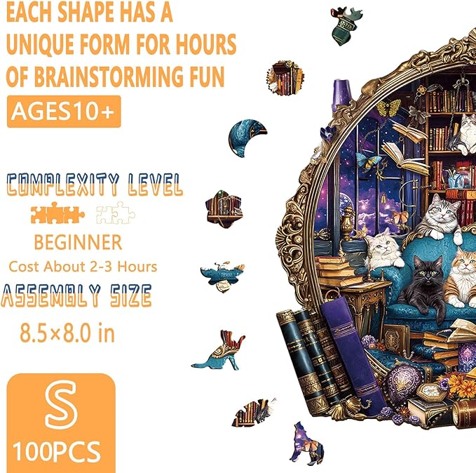 Wooden Puzzles for Adults, Cat Library Adventure Wooden Jigsaw Puzzle for Adults, Wood Puzzles Adult, Unique Shape, Presents for Friends, Wall Art Home Decor (S-8.5 * 8in - 100 pcs)