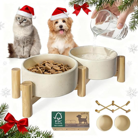 Elevated Dog Bowl & Cat Dish 27oz – Raised Ceramic Pet Food and Water Bowls with Bamboo Stand, Feeding Station for Small & Medium Pets, Prevents Neck Strain – Durable, Premium Quality by Homish