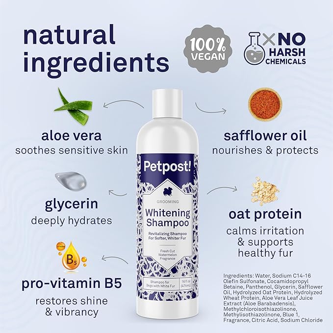 Petpost | Dog Whitening Shampoo with Coconut Oil & Aloe. Brightens White & Light Coats, Moisturizes Skin. Watermelon Scent. 16 oz