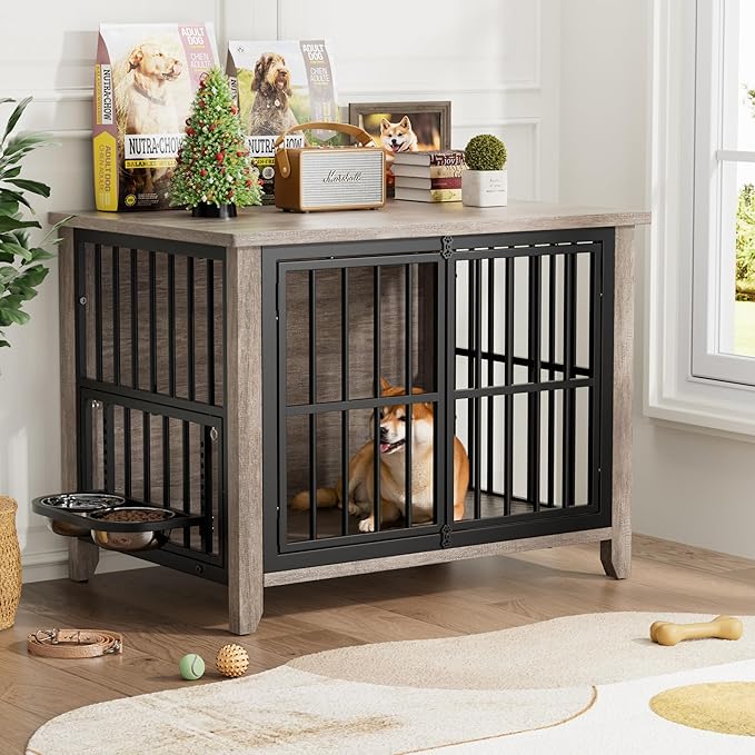 Lulive Dog Crate Furniture, Wooden Dog Kennel Indoor with Adjustable 360°& Height Dog Bowls, Double Doors Furniture Dog Crates End Table for Small/Medium 31.5" L*22.5" W*25.6" H, Grey