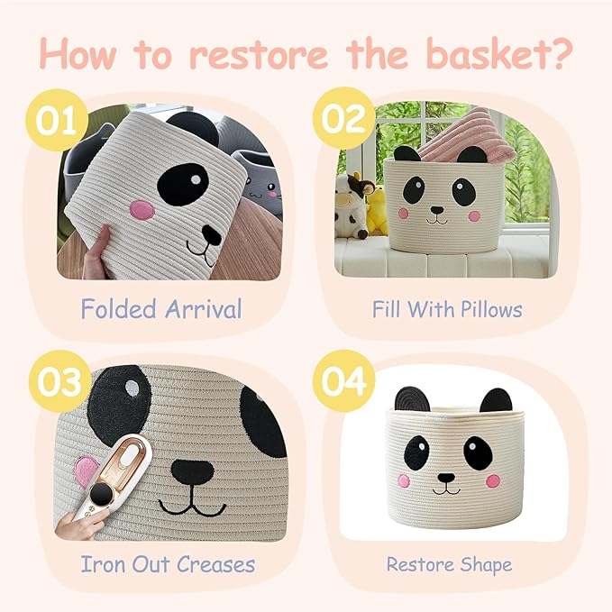 OMERAI Cotton Rope Storage Basket with Panda Design, 15"D x 12.6"H, Portable, Foldable, Multifunctional Laundry Basket