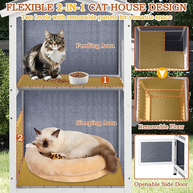 PetsCosset Insulated Cat House Outdoor Weatherproof All-Round Insulation Two Story Outside Wooden Feral Cat Shelter for Winter with 2 Escape Doors, Pull Out Floor and Openable Roof for Cats, Grey