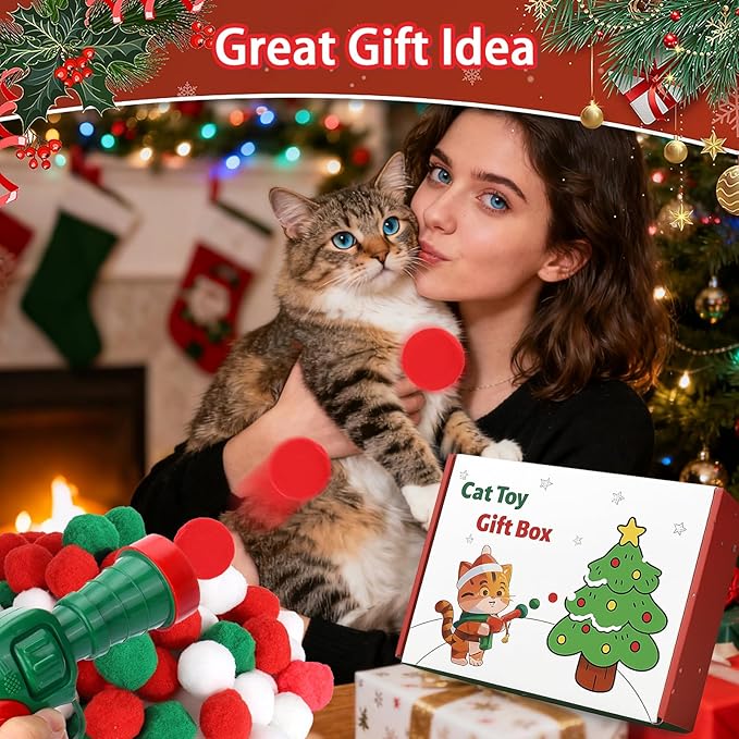Mity rain 102PCS Cat Ball Launchers & Pom Pom Balls Interactive Cat Toy Set – Safe Soft Plush Kitten Toys for Indoor Cats, Fun Kitten Toys for Endless Active Play (Christmas)