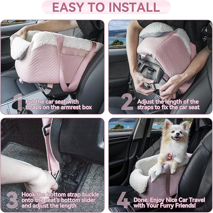 PETSFIT Cat Car Seat, Portable Console Dog Car Seat with Safe Protective Hooks, Luxury Pet Car Seat Includes Safety Leash and Storage Pocket for Pets Up to 9 lbs (Pink)
