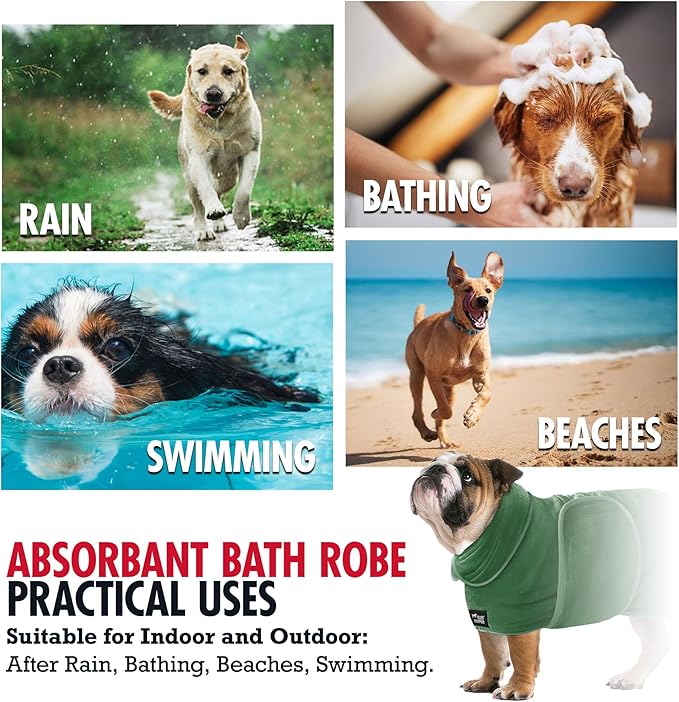 Tuff Pupper Fast Drying Dog Bath Robe | 800 GSM Plush Dog Towel Bathrobe/Dressing Gown | Super Absorbent Pet/Puppy Bathrobe | Adjustable Hood & Belly Strap | Super Soft | Fast Drying (S, Green)