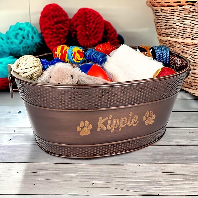 Personalized Metal Dog Toy Bin - Copper Galvanized Storage Bin with Handles, Basket for Pet Toys, Dog Toy Box, Pet Storage - Custom Dog Name Gift