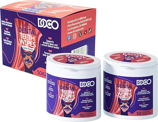 DOCO Dog Teeth Cleaning Wipes - Dog Tooth Brushing Kit, Remove Plaque & Tartar, Dental Freshen Breath, No Rinse, Easy Pet Tooth Cleaning Kit for Oral Care, Ideal for Cat Owners - Bacon Flavor, 100 ct.
