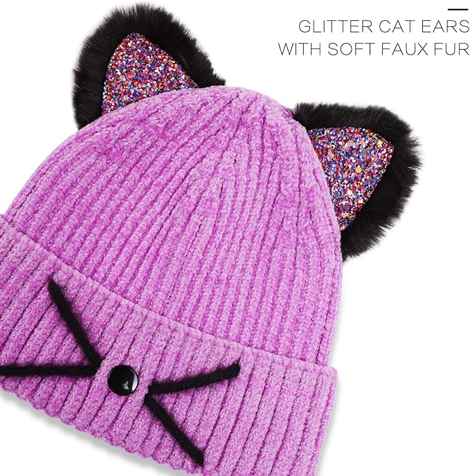 Kids Girls Cat Ear Hat Winter Warm Knit Beanie Cute Ski Skull Cap for Ages 7-12
