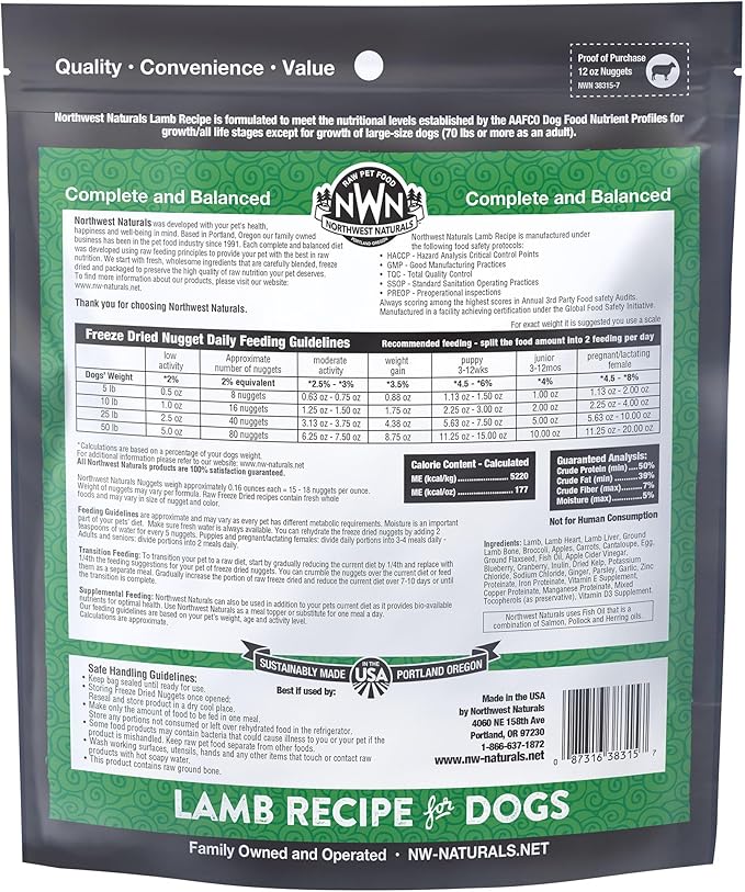 Northwest Naturals Freeze-Dried Lamb Dog Food - Bite-Sized Nuggets - Grain-Free, High-Protein, Human-Grade, Limited Ingredients, All Natural, Nutrient-Dense, Healthy & Nutritious - 12 Oz (Pack of 2)