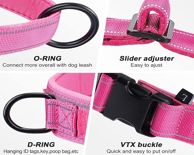 No Pull Dog Harness Pink for Small Medium Large Sized Dog, Reflective Escape Proof Adjustable Dog Harnesses with 2 Patch, L