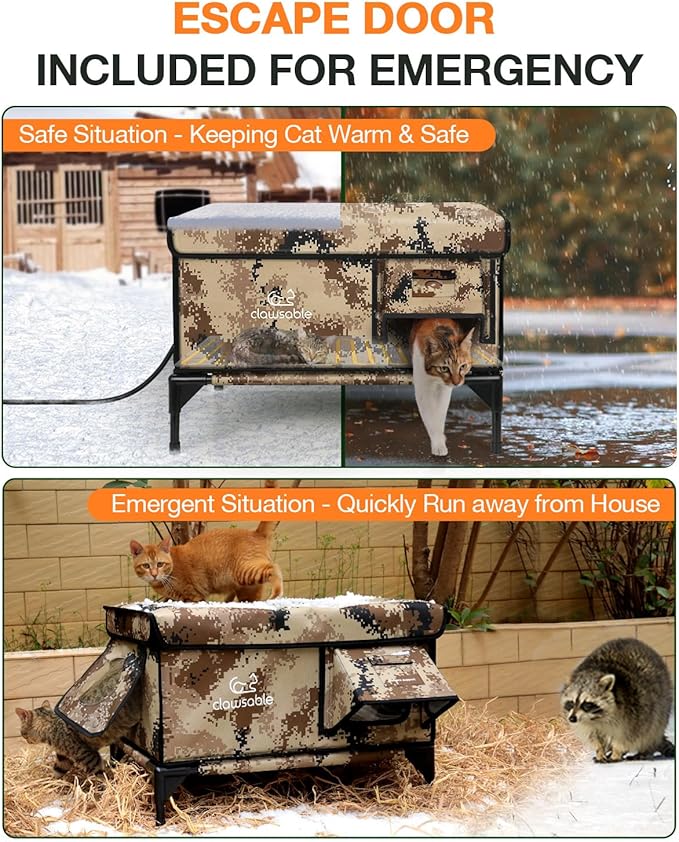 Indestructible Heated Cat House for Outside Winter, 100% Waterproof, Safe Escape Door, Insulated Outdoor Cat Shelter with Heater for Feral Barn Cat Kitty (Desert Camouflage, 26"x16"x18")