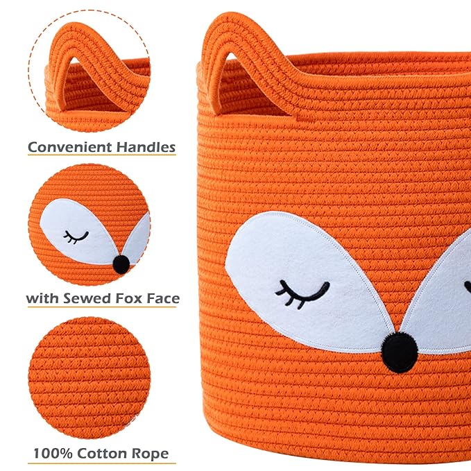 VK VK·LIVING Fox Toy Basket Cotton Rope Animal Baskets Orange Laundry Hamper for Toys, Clothes,Gifts,Towels, Blankets, Empty Gift Basket for Organizing with Handles 15''x14''