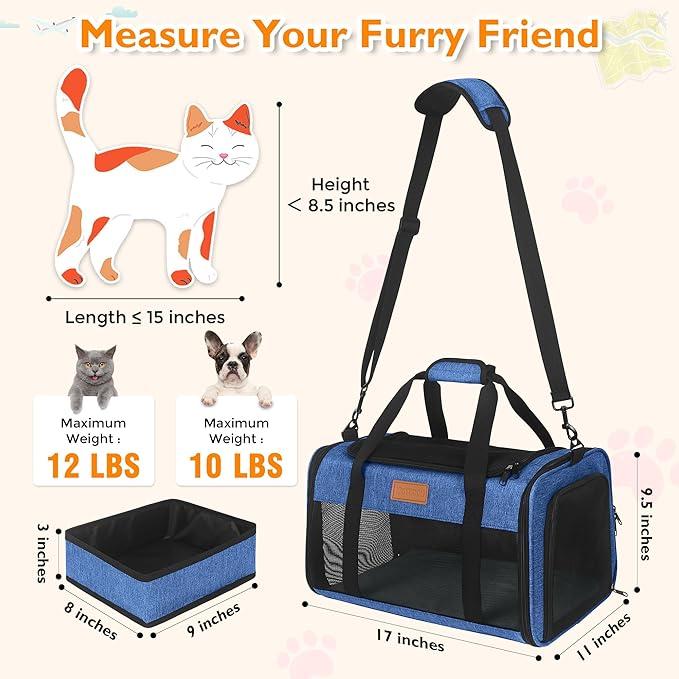 PETUX Cat Travel Carrier with Litter Box - 17"x11"x9.5", TSA Airline Approved, Underseat, Soft Sided Pet Carrier for Small Cats Under 12 lb with Safety Zipper, Anti-Scratch Mesh - Blue