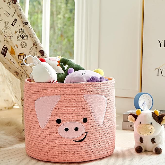 OMERAI Animal Baskets Cotton Rope Woven Storage Basket for Toys Blankets Laundry Nursery, Large Foldable Organizer with Cute Pig Design and Handles, 15"D x 12.6"H (Pink)