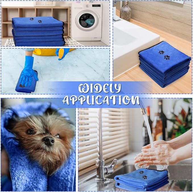 Tegeme 4 Pack Dog Towels for Drying Microfiber Soft Absorbent Pet Bath Towel Dog Drying Grooming Cloth with Embroidered Paw for Pet Cat Bathing Grooming(35 x 20 Inch,Deep Blue)