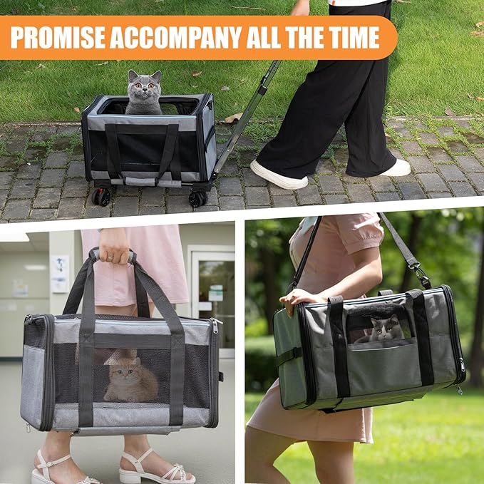 Pet Carrier with Wheels - Soft-Side Wheeled Cat Carrier for Dogs with Telescopic Handle, Collapsible Rolling Pet Travel Bag Carrier for Large Cats Small Medium Dogs for Camping Vet Visiting Grey