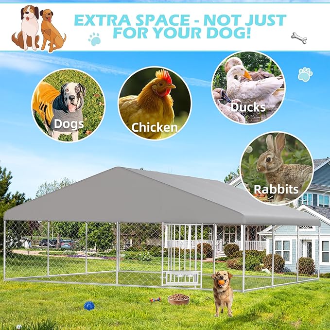 13'x13' Outdoor Dog Kennel with Roof, Dog Kennel Outside with Rotated Dog Bowls, Large Dog House Pen Enclosure with Secure Lock, Wateproof Sunproof Cover