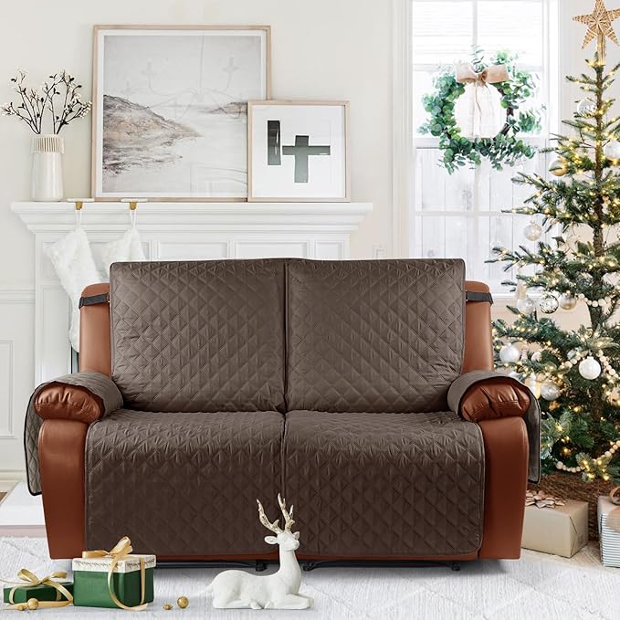 Ruaozz Waterproof Recliner Sofa Cover 1-Piece Couch Covers for Reclining Couches Reclining Sofa Cover Washable Furniture Protector with Elastic Straps Pocket for Kids, Pets (Brown, XL 2 Seater)