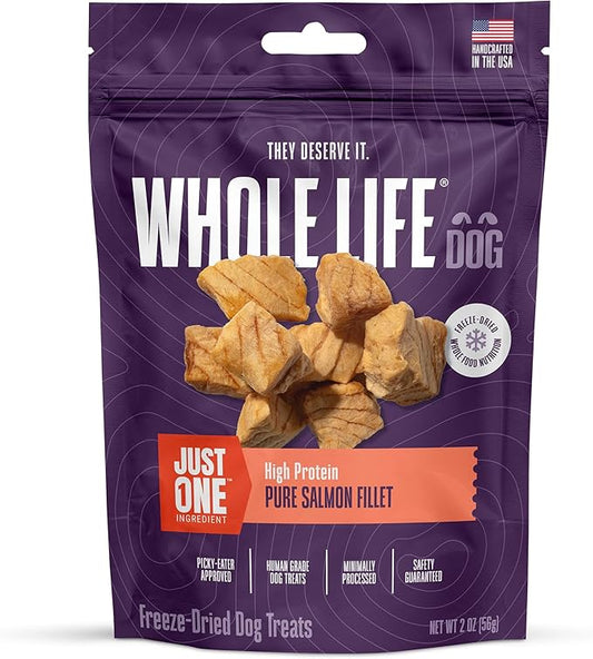 Whole Life Dog Just One Salmon Freeze Dried Dog Treats - Human Grade High Protein Food, Healthy Training Snacks, Freeze Dried Salmon Food Toppers, USA Made Natural Treats - 2 oz (Value Pack of 1)