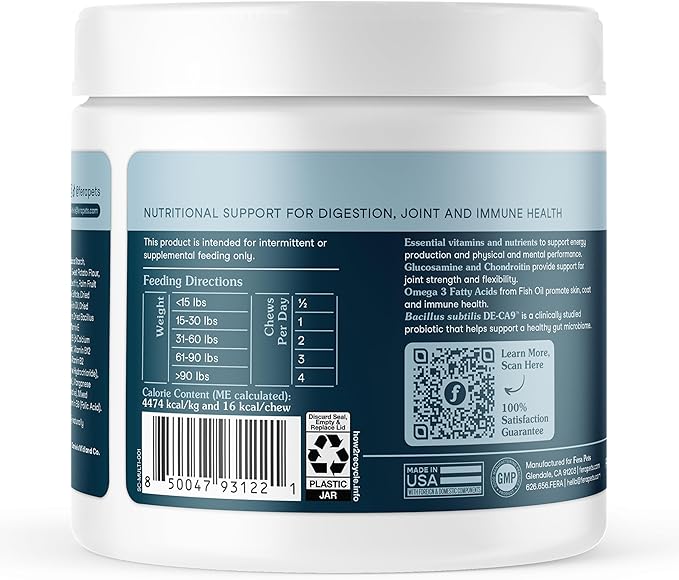 Fera Pets Dog Multivitamin Chews with Glucosamine and Probiotics - Essential Dog Vitamins & Minerals - Promotes Healthy Digestion & Joints - Boosts Skin & Coat Health with Omega-3s - 30 Soft Chews