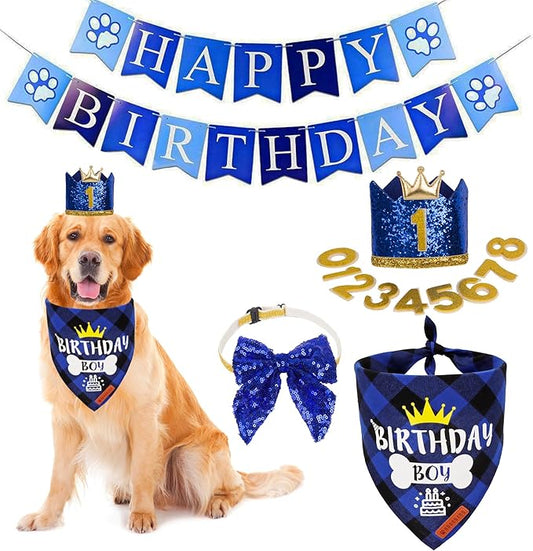 ADOGGYGO Dog Birthday Hat Bandana - Navy Blue Birthday Boy Dog Bandana Pet Party Hat with Numbers Bow and Happy Birthday Banner Set (X-Large)