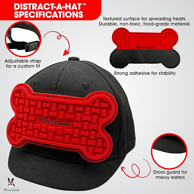 Distract-A-Hat ™ by Warren London - Dog Grooming Distraction Lick Hat for Nail Clipping and Grooming – Adjustable Fit with Adhesive Dog Lick Pad, Spreader & Cleaning Brush Included