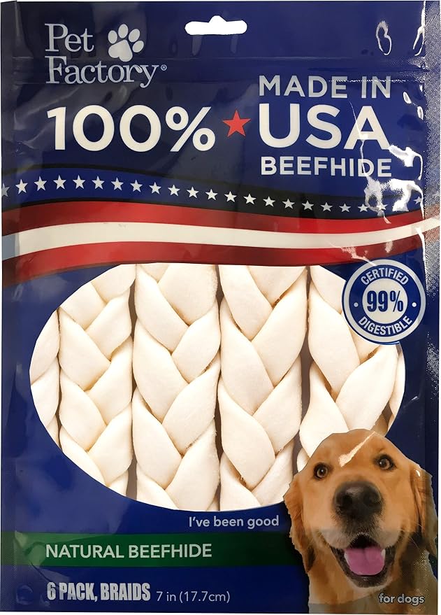 Pet Factory 100% Made in USA Beefhide 7" Braided Sticks Dog Chew Treats - Natural Flavor, 6 Count/1 Pack