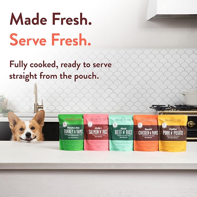 Portland Pet Food Company Fresh Dog Food Pouches - Human-Grade Toppers Wet Pet Meal & Mixers - Gluten-Free Limited Ingredient Tuxedo’s Chicken & Yams - Large & Small Breed Puppy & Senior Dogs - 5 Pack