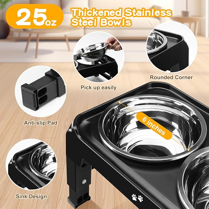 COMESOON Elevated Dog Bowls for Small Medium Dogs, 3 Height Adjustable Raised Stand with 2 Thick 6" Stainless Steel Food Bowls, Non-Slip Feeder Adjusts to 2.75", 6", 7.5", Black