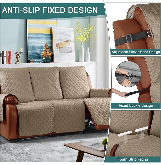 Ruaozz Waterproof Recliner Couch Covers 1-Piece Sofa Covers Washable Recliner Covers Non-Slip Furniture Protector with Elastic Straps Pocket for Kids, Pets (Khaki, 3 Seater)