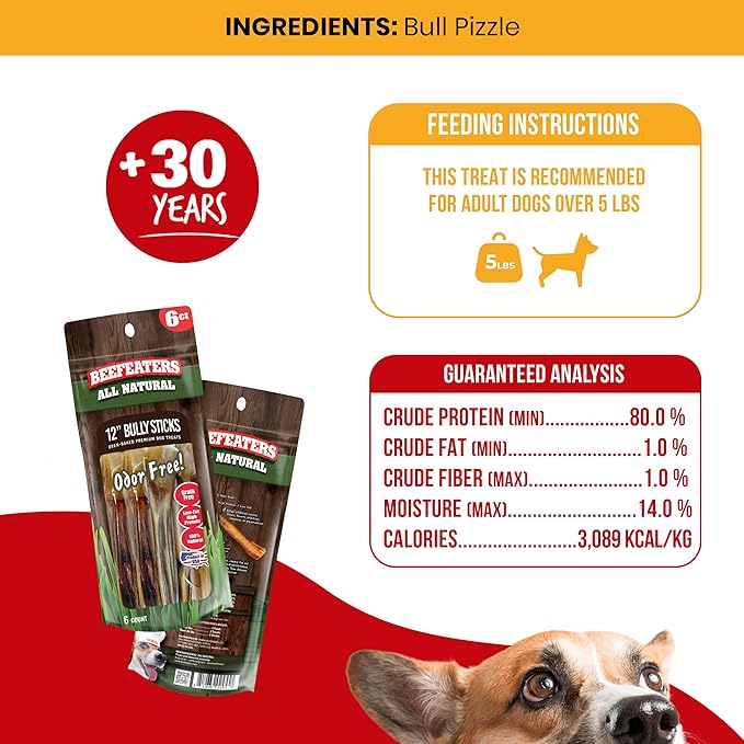Beefeaters 12in Bully Sticks 6ct – All-Natural, Highly Digestible, Promotes Dental Health, No Additives or Preservatives, Ideal for Training & All Dog Sizes