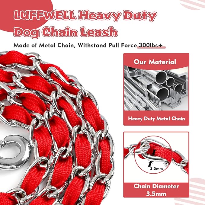 Heavy Duty Metal Dog Chain Leash with Comfortable PU Leather Padded Handle, Chew Proof for Medium Large Pooch Walking Training (4ft 3.5mm Red)