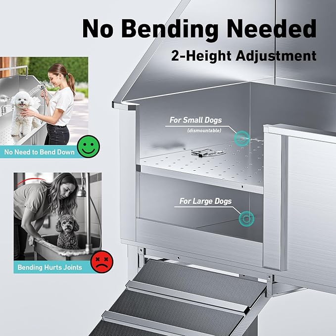 Professional 56" Dog Washing Station, 304 Stainless Steel Dog Bathing Station, Height Adjustable Dog Grooming Tub w/Ramp, Storage Drawer, Dog Bathtub for Large, Medium&Small Dogs (Left Ramp)