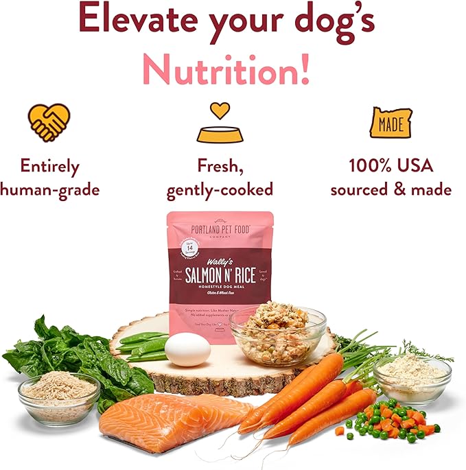 Portland Pet Food Company Fresh Dog Food Pouches Human-Grade Toppers Wet Pet Meal & Mix-Ins - Gluten-Free Limited Ingredient Wally’s Salmon N’ Rice - Large & Small Breed, Puppy to Senior - 5 Pack