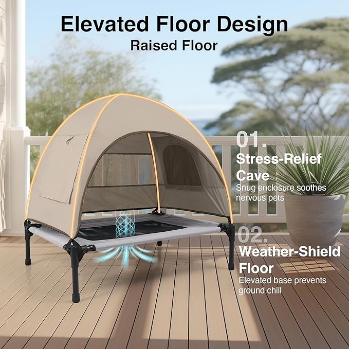 Elevated Outdoor Dog Bed with Canopy – Cooling Camping Tent, Removable Shade, Off-Ground Cot, Small