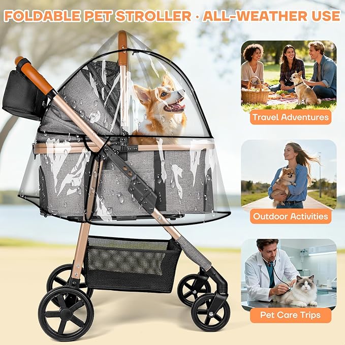 Dog Cat Stroller for Small/Medium Pets up to 50 lbs, 3-in-1 Foldable Pet Stroller with Detachable Carrier, Car Seat, Storage Basket, Cup Holder, Hanging Bag, Rain Cover, All-Terrain 4 Wheels (Grey)