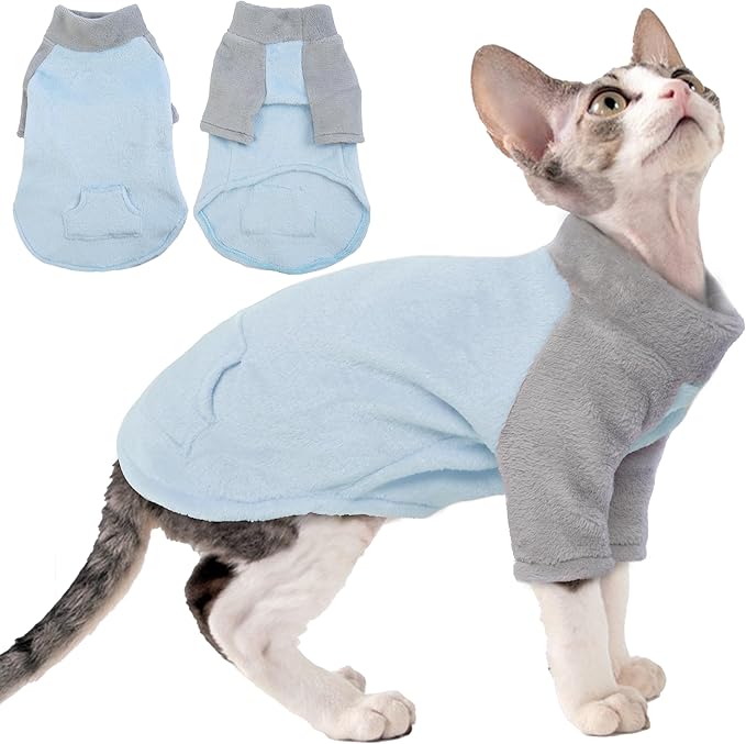PUMYPOREITY Turtleneck Sweater for Sphynx Cat, Soft Coral Fleece Cat Clothes, Thick Winter Warm Outfit Coat with Sleeves, XS, Blue