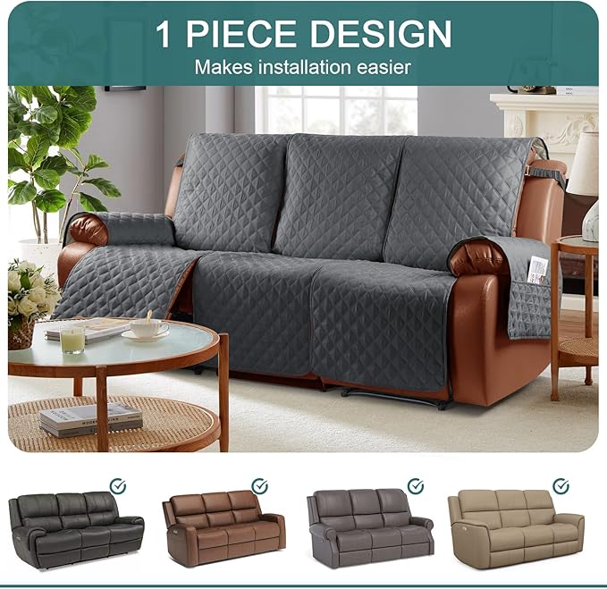 Ruaozz Waterproof Recliner Sofa Cover 1-Piece Couch Covers for Reclining Couches Reclining Sofa Cover Washable Furniture Protector with Elastic Straps Pocket for Kids, Pets (Dark Grey, 3 Seater)