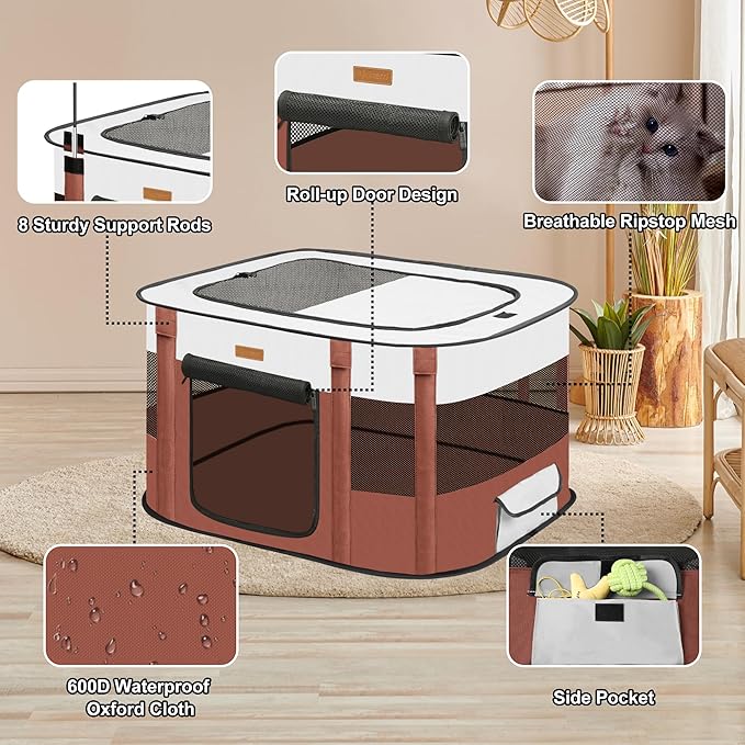 Dog Playpen - Foldable Cat Play Pens for Pubby, Kitten, Rabbit, Portable Pet Tent with Carring Bag for Indoor/Outdoor Travel Camping Brown X-Large