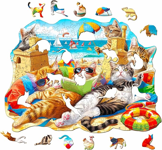 KAAYEE Wooden Puzzles for Adults, Beach Cat 180 Piece Unique Animal Shape Puzzle, Cat Wood Puzzle for Adults, Creative Gifts for Friends/Family, Home Decor(11.4 * 8.4in)