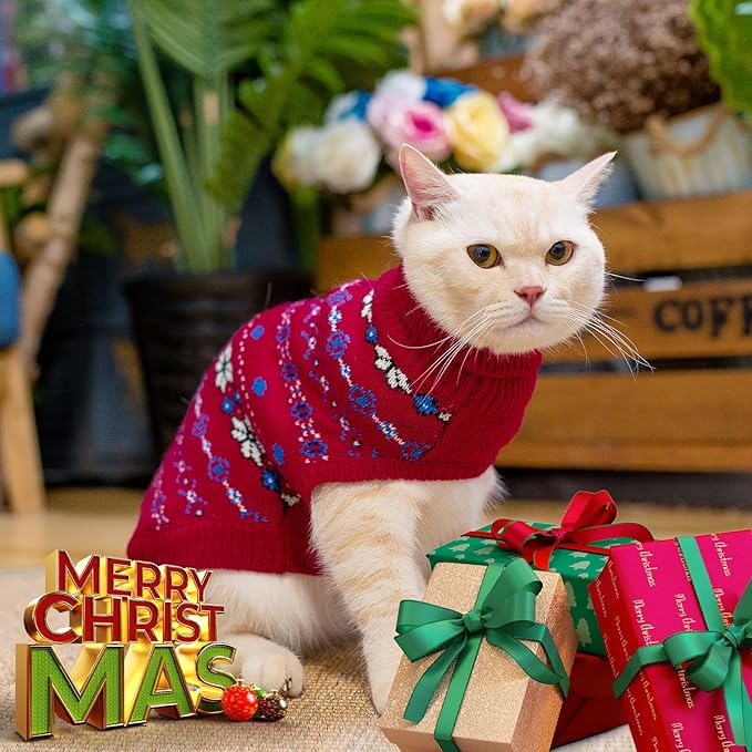 BINGPET Cat Clothes Turtleneck Knitted Sleeveless Sweater, Cute Kitten Puppy Apparel with Snow Pattern, Sphynx Cat Clothes for Cold Weather (Red, Small)