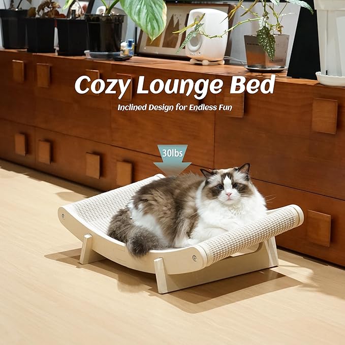 PETKARAY Inclined Sisal Cat Scratcher Bed, Curved Wooden Cat Hammock Chair, Large Scratch Pad for Indoor Cats, Cozy Cat Furniture Lounge, 24x14.5x8 inches