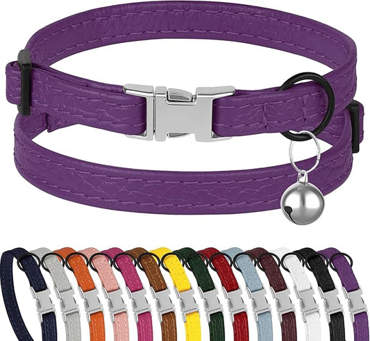 Leather Cat Collar with Buckle and Removable Bell - Non Breakaway Adjustable Soft Safety Small Pet Collars for Girl Boy Cats Kitten (Purple)