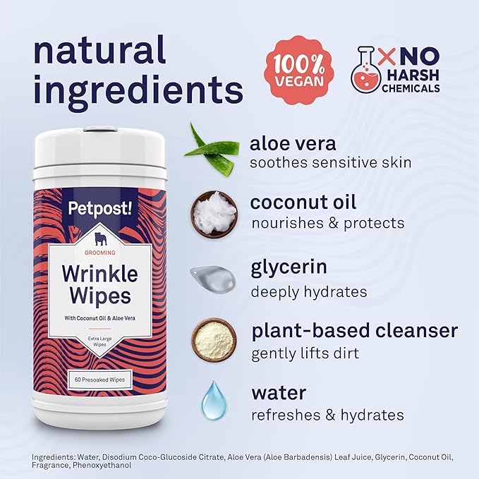 Petpost Large Wrinkle Wipes for Dogs | 60 Count 5x7 Dog Face & Wrinkle Cleaner | Gentle Pet Wipes with Coconut Oil & Aloe for Bulldogs, Pugs & Wrinkly Breeds | Dog Cleaning Wipes